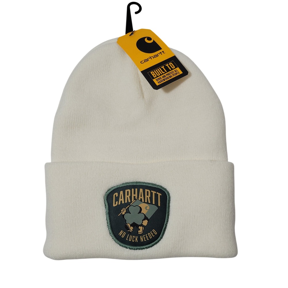 Carhartt Beanie Hat Knit Shamrock Patch OS Winter White No Luck Needed Unisex